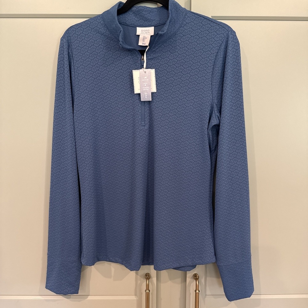 New Sigrid Olsen L 1/4 Zip Pullover Top Blue Textured L-Slv Golf Tennis UPF 50